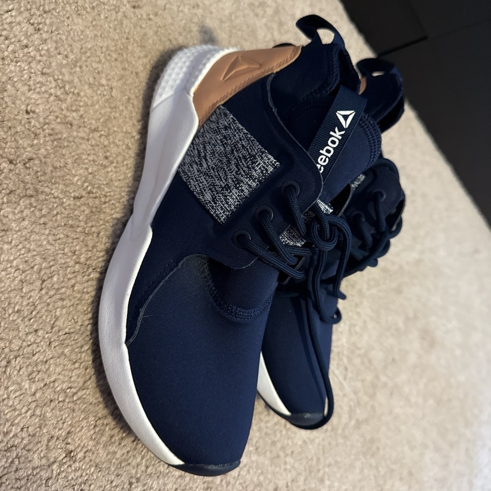 Reebok Navy Sneakers with Tan Heel Accents